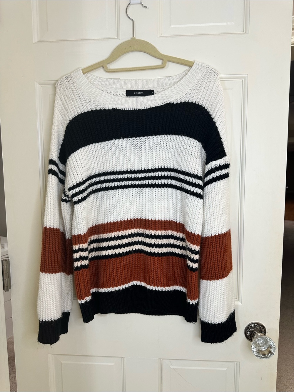Zesica White, Black & Brown Striped Knit Sweater - Women's size small